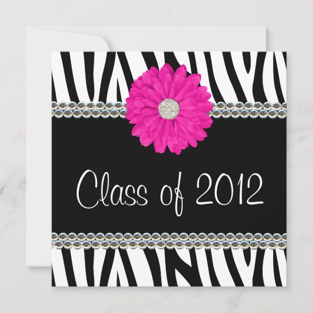 Zebra Pink Daisy Faux Gems Graduation Announcement (Front)