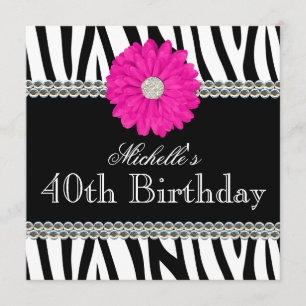 Zebra Pink Daisy Printed Gems 40th Birthday Invitation