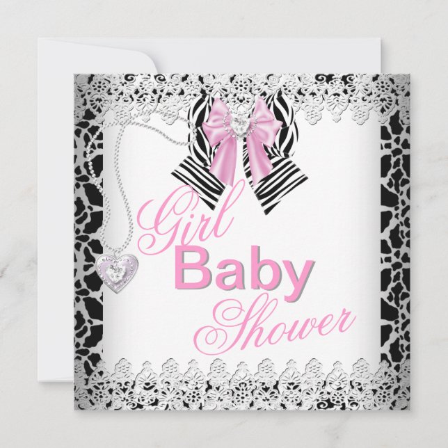 Zebra Pink Girl Baby Shower Lace Invitation (Front)