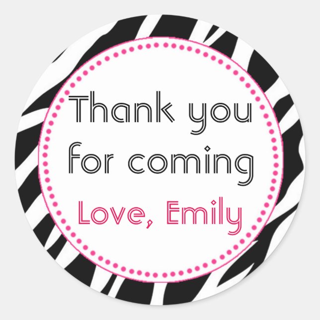 Zebra Pink Round Thank You Sticker Label (Front)
