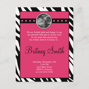 Zebra Pink Sonogram Photo Baby Shower Invitation