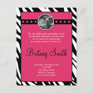 Zebra Pink Sonogram Photo Baby Shower Invitation