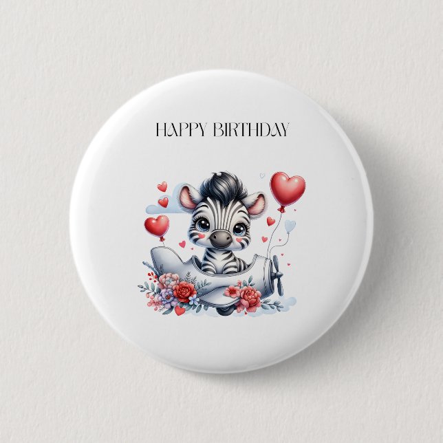 Zebra Plane Birthday 2 Inch Round Button (Front)