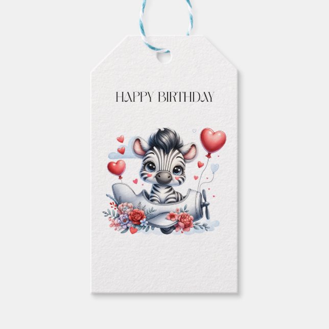 Zebra Plane Birthday Gift Tags (Front)