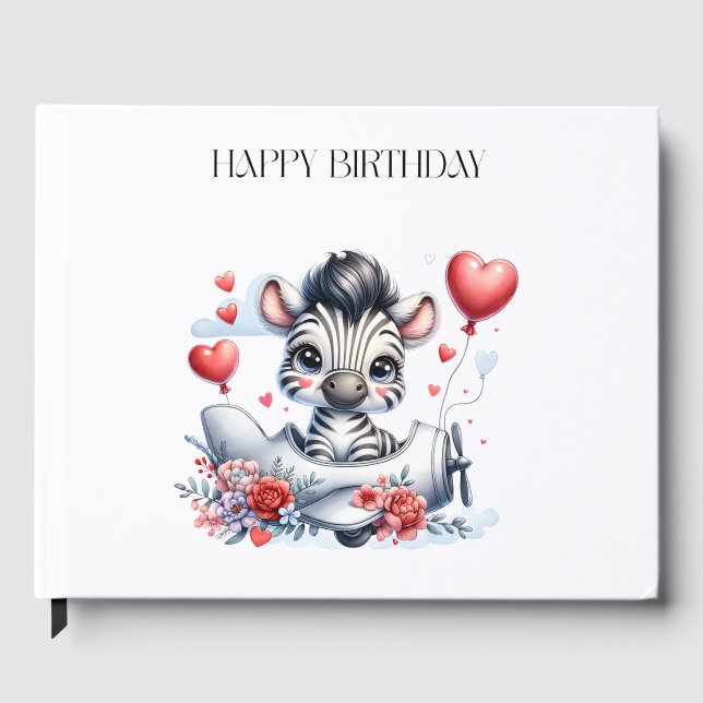 Zebra Plane Birthday Guest Book (Front)