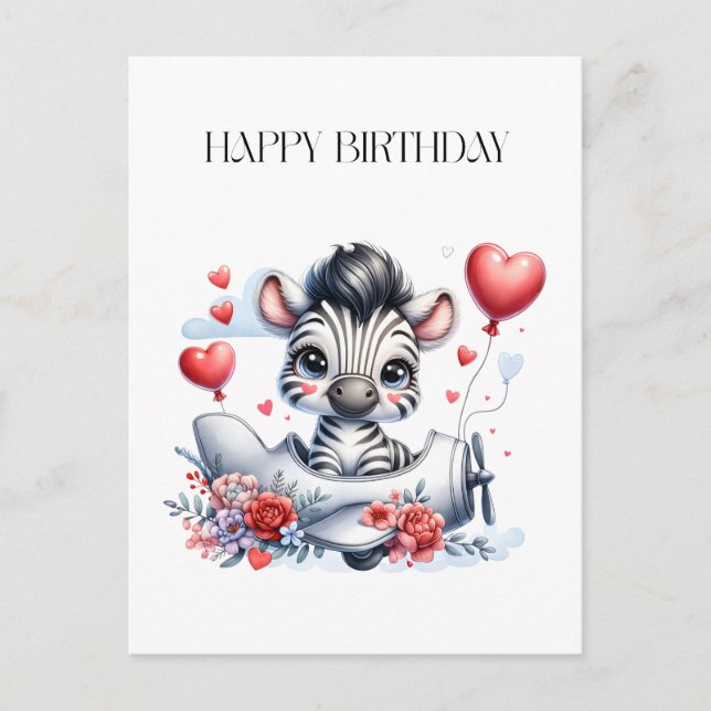 Zebra Plane Birthday Postcard (Front)