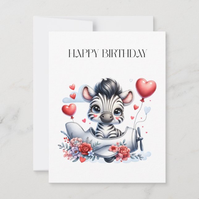 Zebra Plane Birthday Thank You Card (Front)