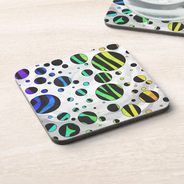 Zebra Polka Dot Black and Rainbow Print Coaster (Left Side)
