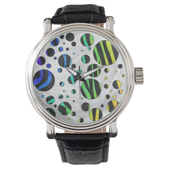 Zebra Polka Dot Black and Rainbow Print Watch (Front)