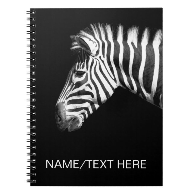 Zebra Portrait on Black Personalized Name or Text Notebook (Front)