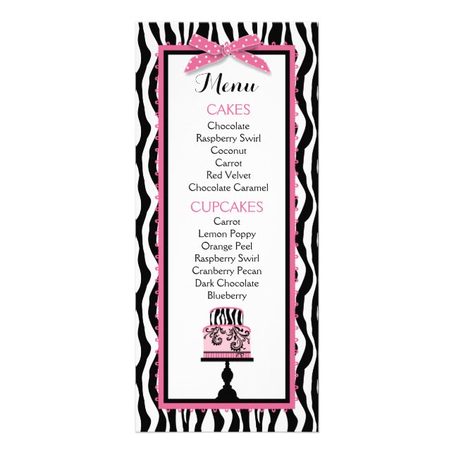 Zebra Print and Cake Bakery Menu Card (Front)