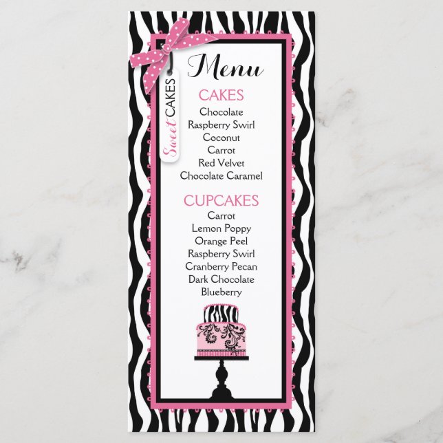 Zebra Print and Cake Bakery Menu Card (Front)