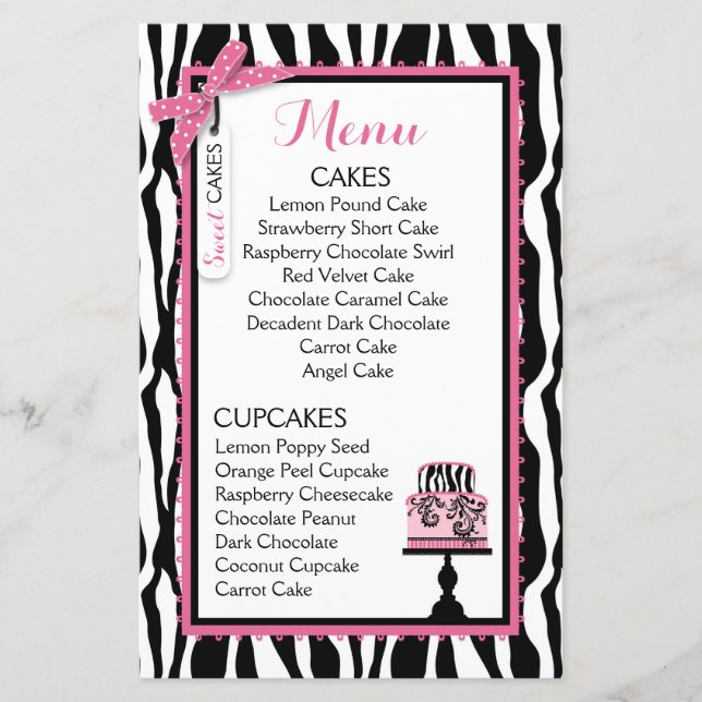 Zebra Print and Cake Bakery Menu Card (Front)