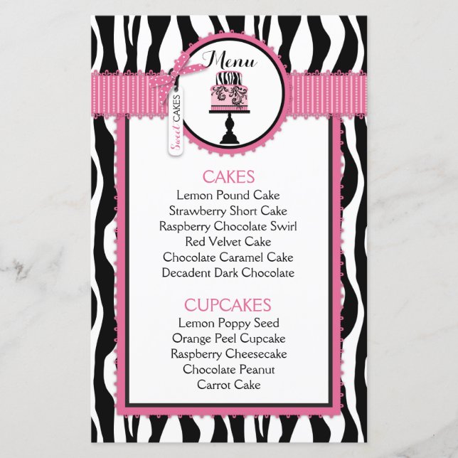 Zebra Print and Cake Bakery Menu Card (Front)