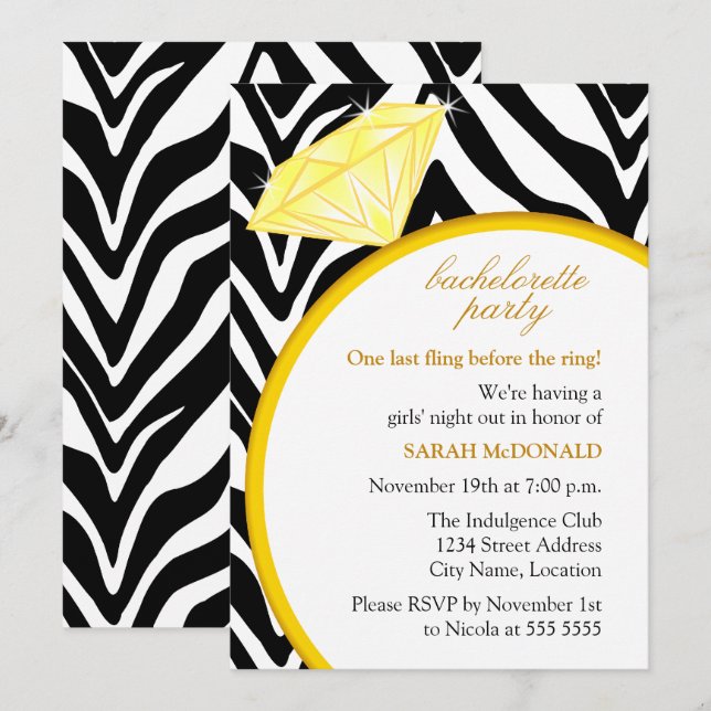 Zebra Print and Gold Ring Bachelorette Party Invitation (Front/Back)