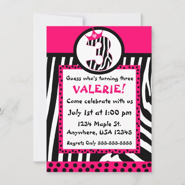 Zebra print and pink diva 3rd birthday invitation (Front)