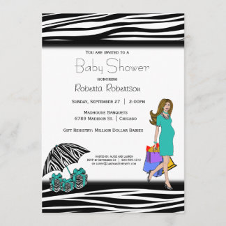Zebra Print And Teal Shopping Mommy Invitation
