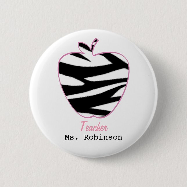 Zebra Print Apple Teacher 2 Inch Round Button (Front)