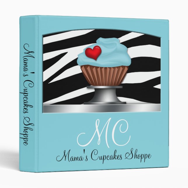 Zebra Print Aqua Blue Cupcake Pedestal Binder (Front/Spine)