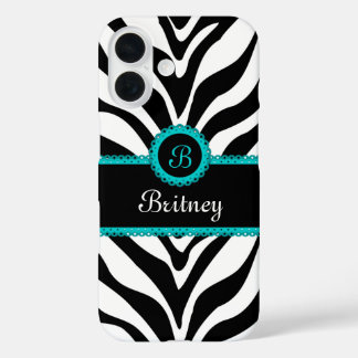 Zebra Print Aqua Lace Monogram iPhone 16 Case