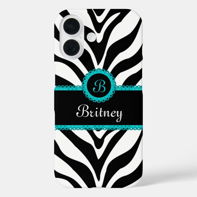 Zebra Print Aqua Lace Monogram Case-Mate iPhone Case (Back)