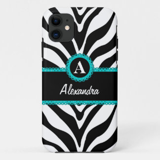 Zebra Print Aqua Lace Monogram Name iPhone 11 Case