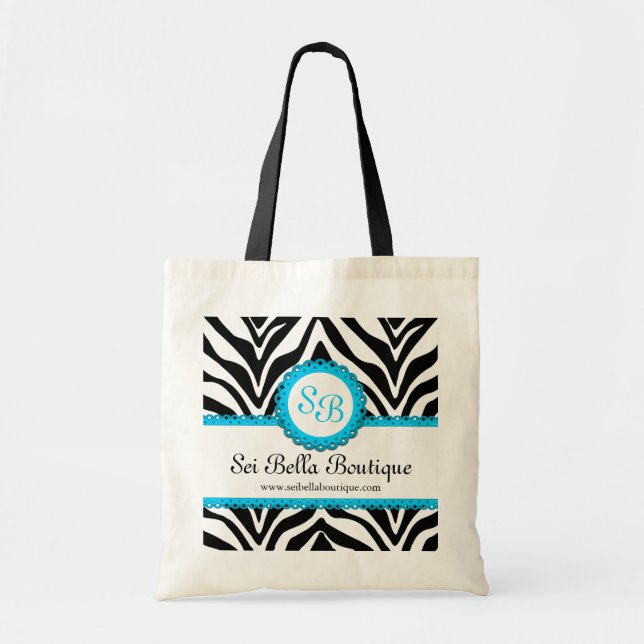 Zebra Print & Aqua Lace Monogram Tote Bag (Front)