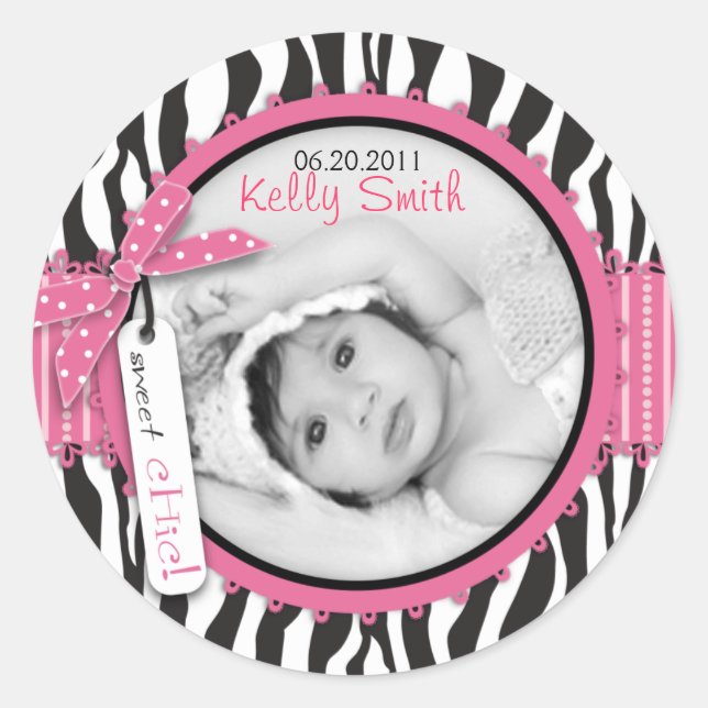Zebra Print & Baby Carriage Photo Insert Classic Round Sticker (Front)