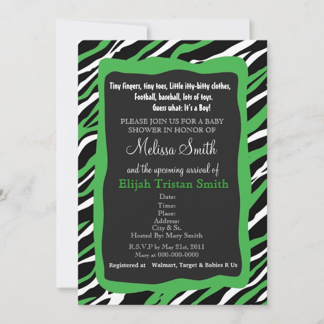 Zebra Print Baby shower Invitation - Green (Devant)