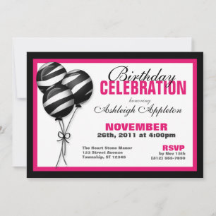 Zebra Print Balloons Fuchsia Birthday Invitations