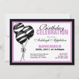 Zebra Print Balloons Purple Birthday Invitations
