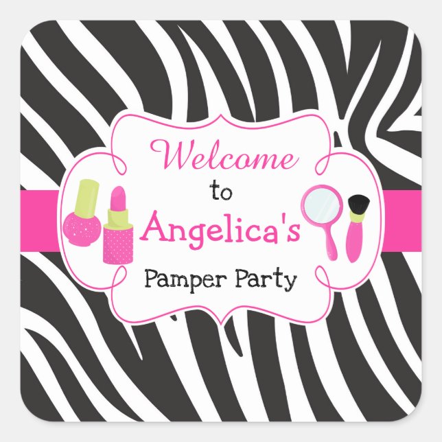 Zebra print birthday Pamper Party Square Sticker (Front)