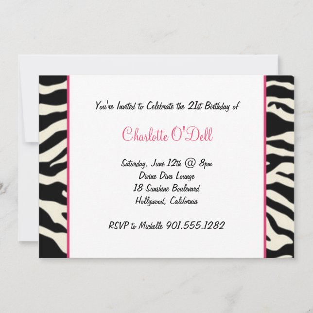 zebra print birthday party invitation (Front)