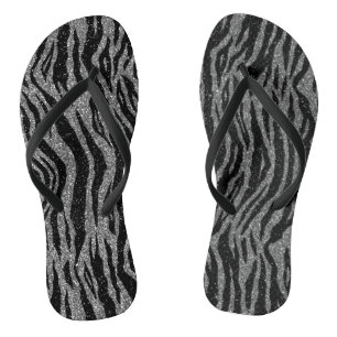 Zebra Print Black and Grey Silver Flip Flops