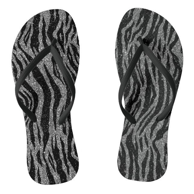 Zebra Print Black and Grey Silver Flip Flops (Footbed)