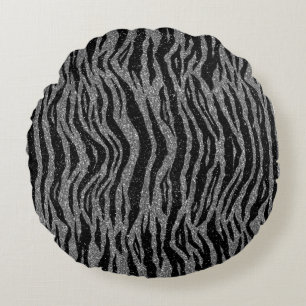 Zebra Print Black and Grey Silver Round Pillow