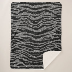 Zebra Print Black and Grey Silver Sherpa Blanket
