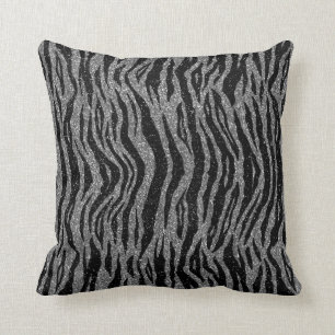 Zebra Print Black and Grey Silver Throw Pillow
