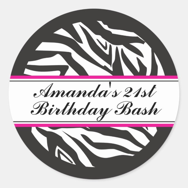 Zebra Print Black and Hot Pink Classic Round Stick Classic Round Sticker (Front)