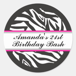 Zebra Print Black and Hot Pink Classic Round Stick Sticker