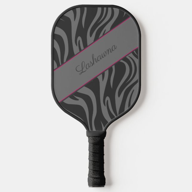 Zebra Print Black, Grey, Hot Pink Personalized Pickleball Paddle (Front)
