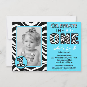 Zebra Print Blue First Birthday Invitation