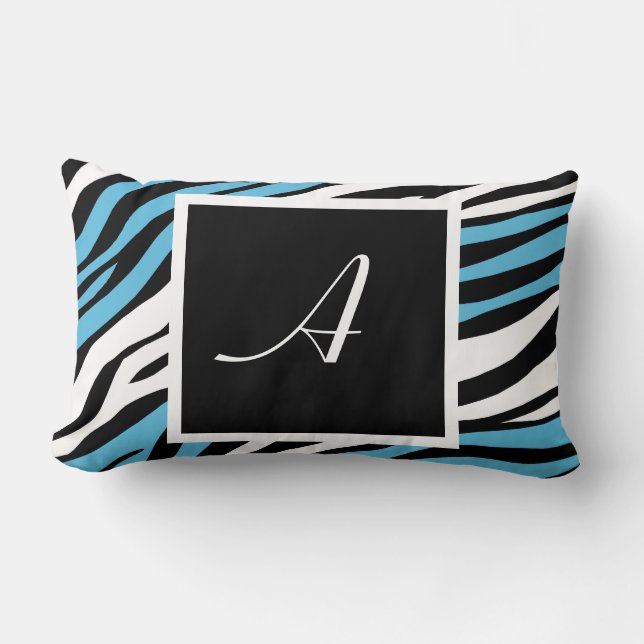Zebra Print Blue Mix Monogram Lumbar Pillow (Front)