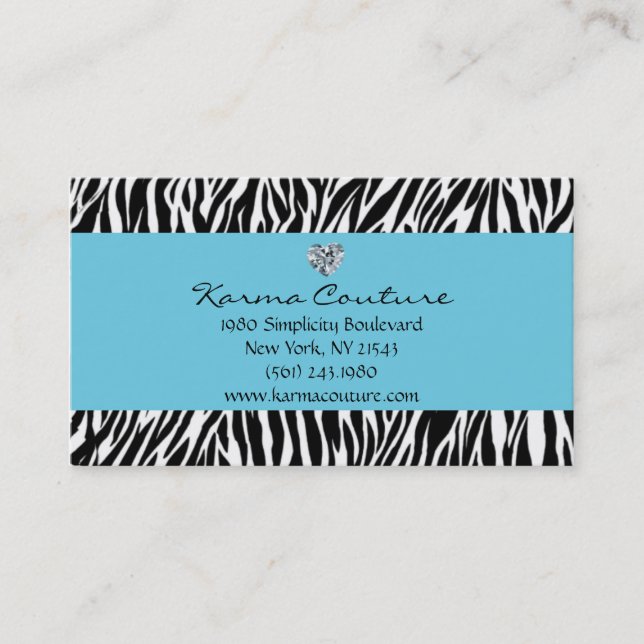 zebra print blue w/ heart shaped diamond business card (Front)