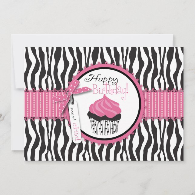 Zebra Print & Cupcake Birthday Card (Front)