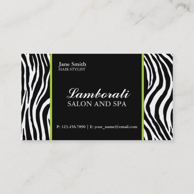 Zebra Print Fashion Hair Stylist Salon Green Business Card (Front)