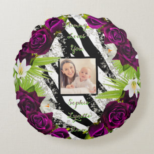 Zebra Print Floral Coussin rond avec Palm Text