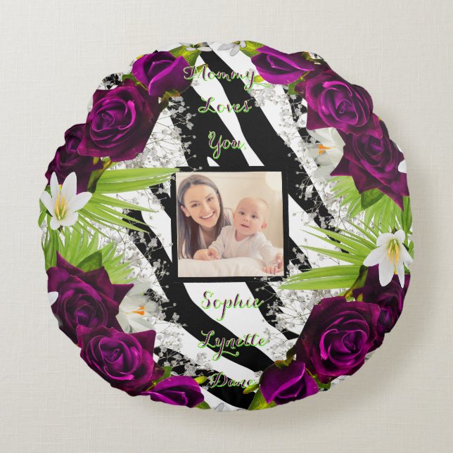 Zebra Print Floral Round Pillow with Palm Text (Front)