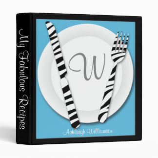 Zebra Print Fork & Knife Blue Recipe Binder