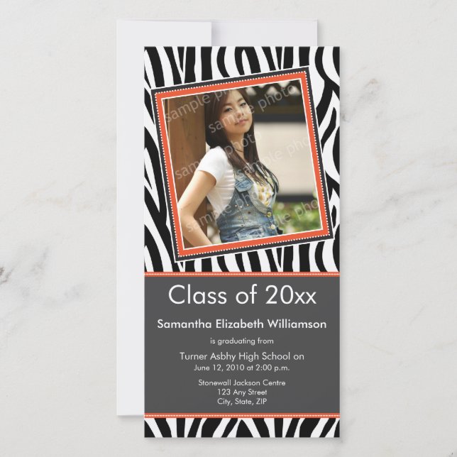 Zebra Print Graduation Photo Announcement (orange) (Front)